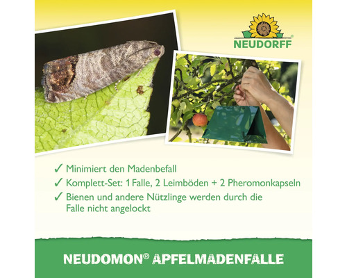 Neudomon Apfelmadenfalle zur Bekämpfung von Apfelwicklern mit Neudorff Logo. Set mit Falle, Leimböden und Pheromonkapseln für den Obstbaum.