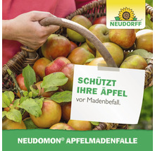 Eine von Hand gehaltene Weidenkorb gefüllt mit Äpfeln und Neudorff Logo. Text informiert über Schutz vor Madenbefall durch Neudomon Apfelmadenfalle.