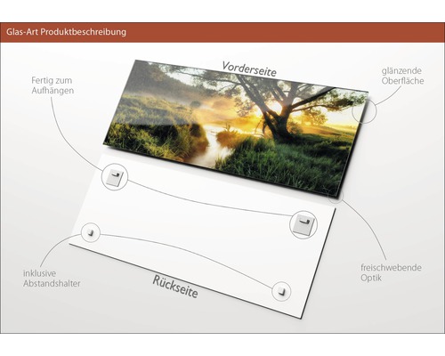 Glasbild mit Landschaftsmotiv, inklusive Abstandshalter und glänzender Oberfläche