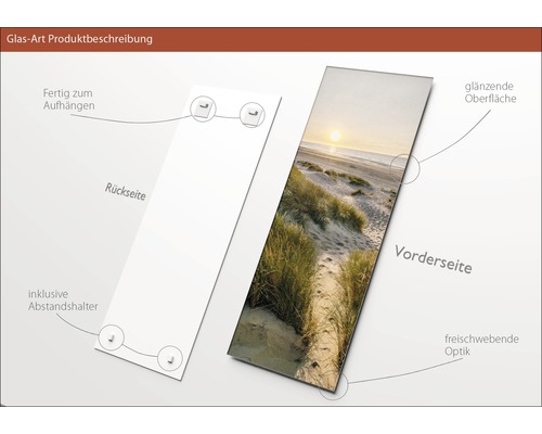 Glasbild mit Strandmotiv, inklusive Abstandshalter zur Montage