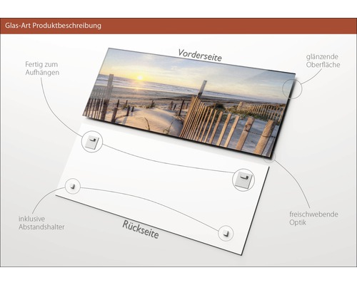 Glasbild mit Strandmotiv, inklusive Abstandshalter und glänzender Oberfläche