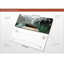 Glasbild mit See-Motiv, glänzender Oberfläche und rückseitigen Abstandshaltern zur Aufhängung