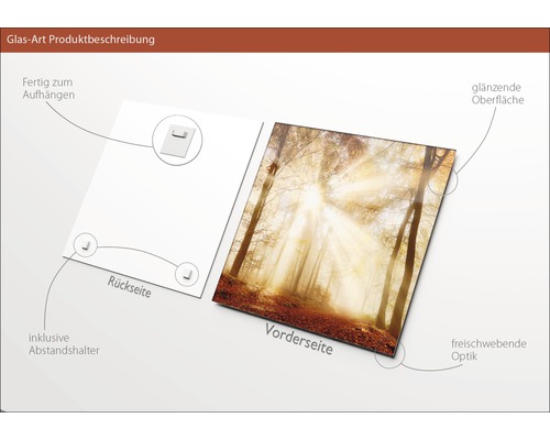 Glasbild mit glänzender Oberfläche, inklusive Abstandshalter, fertig zum Aufhängen