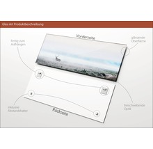 Glasbild mit glänzender Oberfläche und Abstandshalter für freischwebende Optik