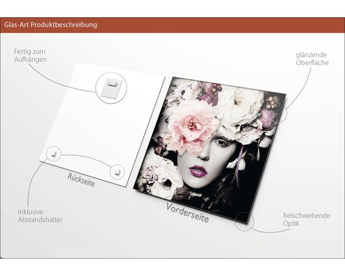 Glasbild mit Frauenportrait und Blumen, inklusive Wandhalterung