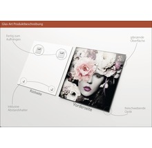 Glasbild mit Frauenportrait und Blumen, inklusive Wandhalterung