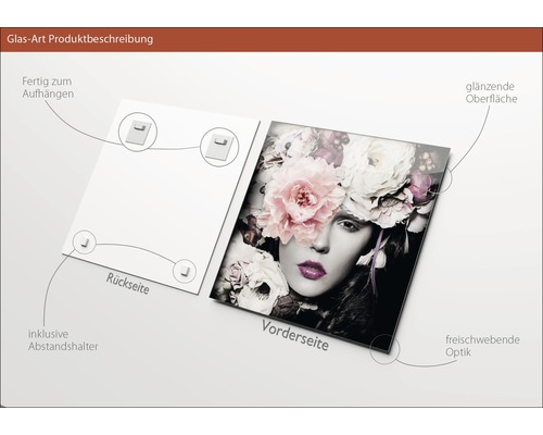 Glasbild mit einer Frau mit Blumen auf dem Kopf, inklusive Abstandshalter und zur einfachen Aufhängung