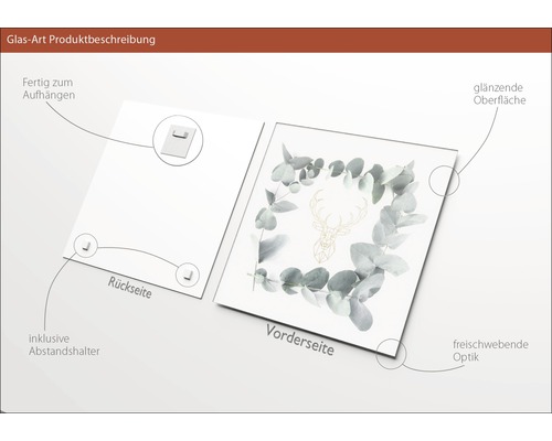 Glasbild mit Hirschmotiv, Rückseite mit Aufhängung und Abstandshalter