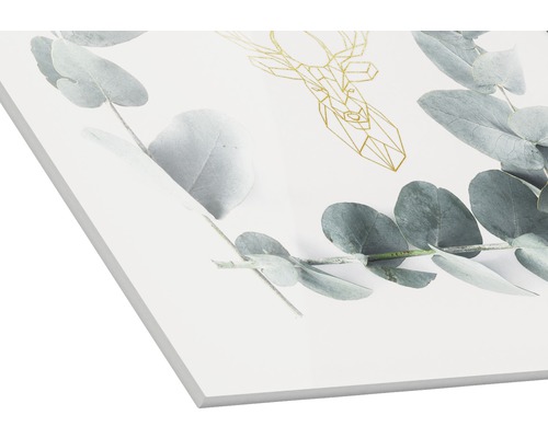 Dekoratives Bild mit geometrischem Hirschmotiv und Eukalyptuszweigen