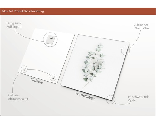 Glasbild mit Aufhängung, Abstandshalter, glänzender Oberfläche und schwebender Optik