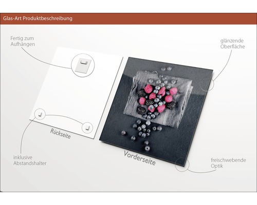 Glasbild mit Beerenmotiv, inklusive Abstandshalter und Aufhängevorrichtung