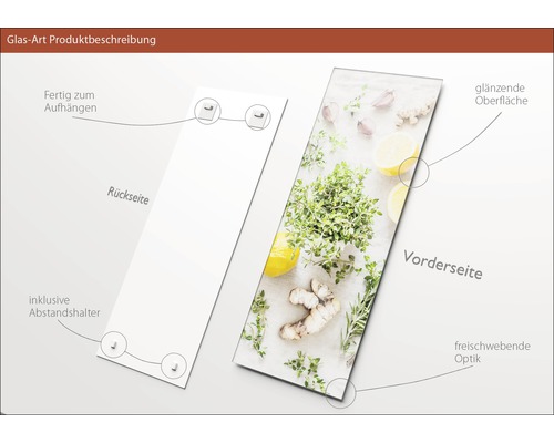 Glasbild mit Motiv von Kräutern und Zitrone, inklusive Abstandshalter zur Aufhängung.