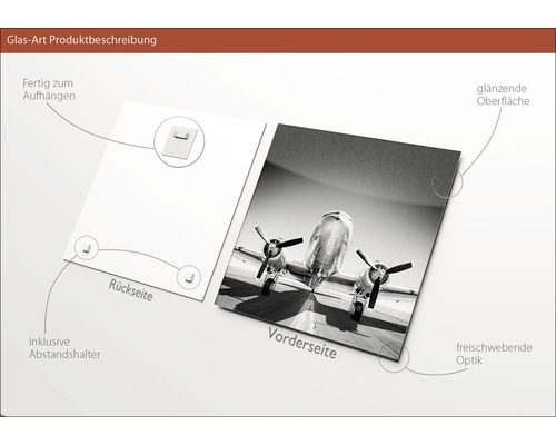 Glasbild mit glänzender Oberfläche, inklusive Abstandshalter und Aufhängvorrichtung, Motiv: Flugzeug