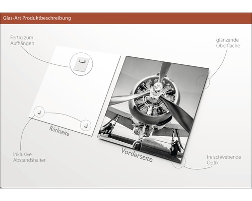 Glasbild mit Flugzeugmotiv, inklusive Aufhängung und Abstandshalter