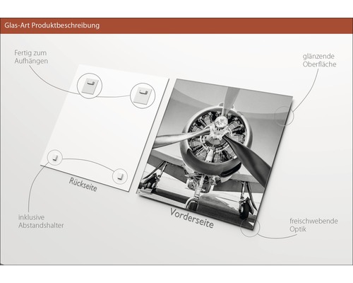 Glasbild mit Flugzeugmotiv, inklusive Wandhalterung zur einfachen Montage