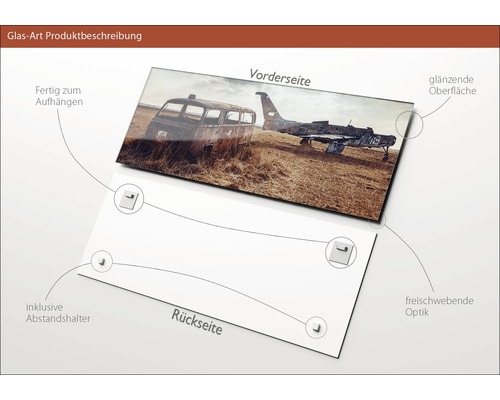 Glasbild mit Flugzeug und Bus Motiv, inklusive Abstandshalter