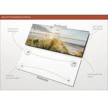 Produktbeschreibung Glasbild: Vorderseite mit glänzender Oberfläche und Strandmotiv, rückseitige Abstandshalter zur Aufhängung inklusive