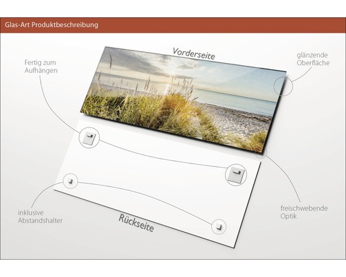 Produktbeschreibung Glasbild: Vorderseite mit glänzender Oberfläche und Strandmotiv, rückseitige Abstandshalter zur Aufhängung inklusive