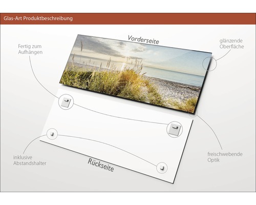 Produktbeschreibung Glasbild: Vorderseite mit Strandmotiv, glänzende Oberfläche, Rückseite mit Abstandshaltern für schwebende Optik, fertig zum Aufhängen