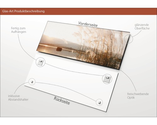Glasbild mit Motiv, inklusive Abstandshalter, fertig zum Aufhängen und mit glänzender Oberfläche