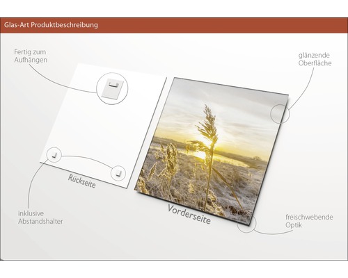Glasbild mit glänzender Oberfläche, inklusive Abstandshalter und Aufhängung