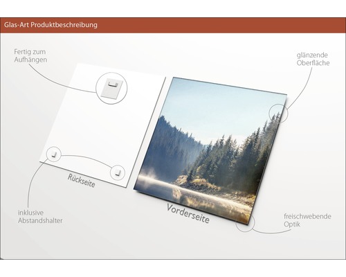 Glasbild mit Aufhängung, glänzender Oberfläche und Abstandshalter