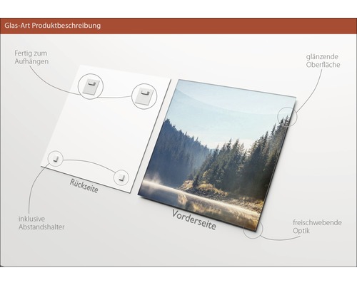 Glasbild mit glänzender Oberfläche, inklusive Abstandshalter und Aufhängung