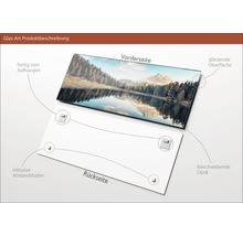 Glasbild mit Bergsee-Motiv, glänzender Oberfläche, inklusive Abstandshalter und Aufhängung
