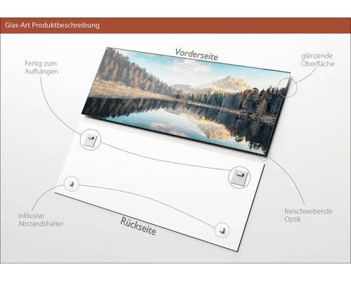 Glasbild mit Bergsee-Motiv, glänzender Oberfläche, inklusive Abstandshalter und Aufhängung
