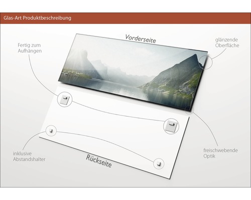 Glasbild Produktbeschreibung: Vorderseite mit glänzender Oberfläche und rückseitige Abstandshalter für schwebende Optik, fertig zum Aufhängen.