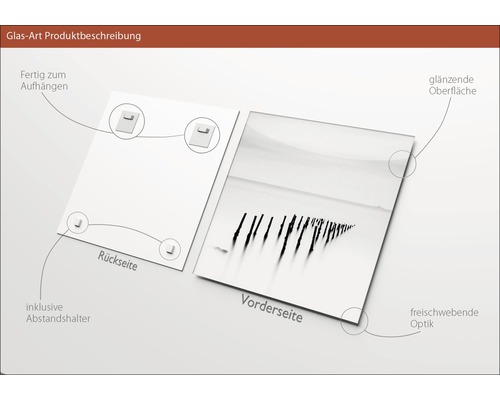 Glasbild Produktbeschreibung mit rückseitigen Halterungen und glänzender Oberfläche