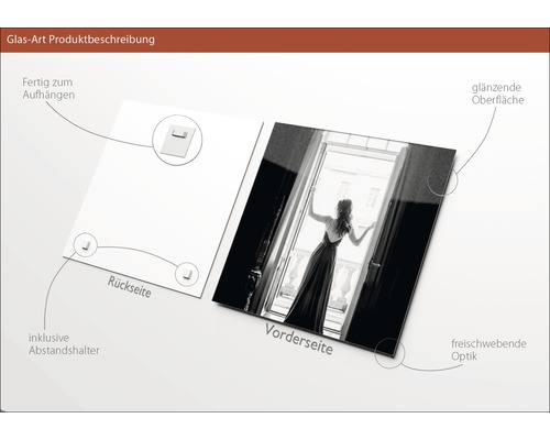 Glasbild Produktbeschreibung mit Aufhänger und Abstandshalter inklusive