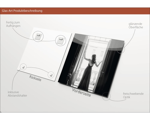 Glasbild mit glänzender Oberfläche, inklusive Abstandshalter und Aufhängevorrichtung