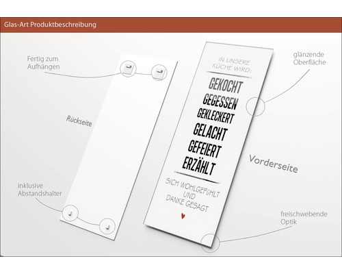 Glasbild mit Aufschrift für die Küche, inklusive Abstandshalter für die Wandmontage