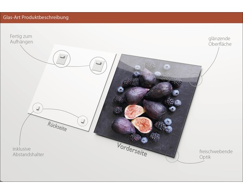 Glasbild mit Früchtedekor, inklusive Aufhängung und Abstandshalter