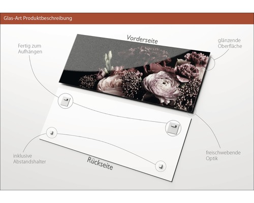 Glasbild mit Blumenmotiv, inklusive Abstandshalter und Aufhängesystem
