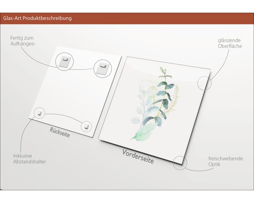 Glasbild mit Pflanzenmotiv, inklusive Abstandshalter und Aufhängung
