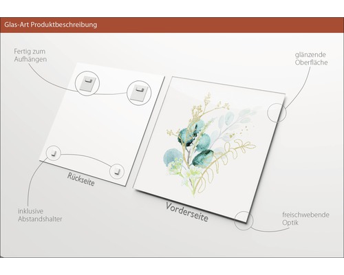 Glasbild mit botanischem Motiv, inklusive Abstandshalter und Aufhängung