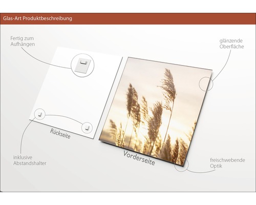 Glasbild mit Aufhängevorrichtung, Abstandshalter, glänzender Oberfläche und schwebender Optik