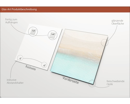 Glasbild mit glänzender Oberfläche, inklusive Abstandshalter und Aufhängern auf der Rückseite.