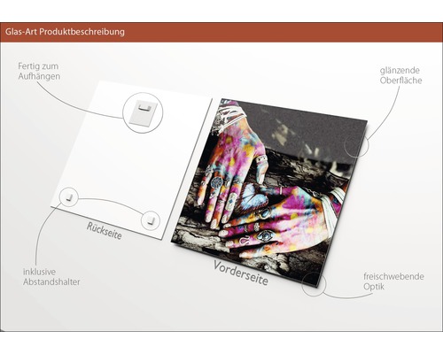 Glasbild mit Hände Motiv, inklusive Abstandshalter und Aufhängevorrichtung