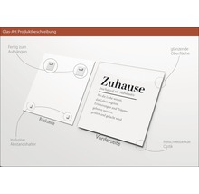 Glasbild mit Definition des Wortes Zuhause inklusive Wandhalterung