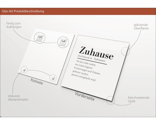 Glasbild mit Definition des Wortes Zuhause inklusive Wandhalterung