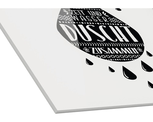 Dekoratives Acrylglasbild mit Duschmotiv und Schriftzug für Badezimmer