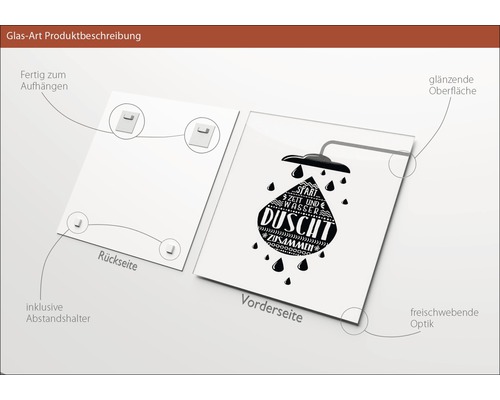 Glasbild mit Duschmotiv, inklusive Abstandshalter und Aufhängevorrichtung.