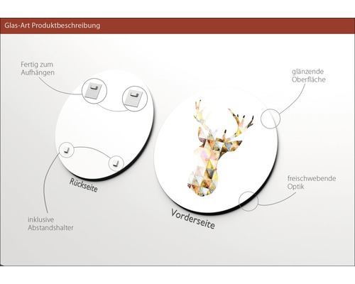 Glasbild mit Hirschmotiv, inklusive Aufhängung und Abstandshalter