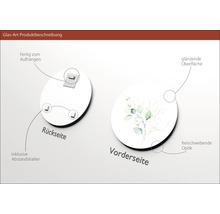 Glasbild: Vorderseite mit Motiv, Rückseite mit Aufhängung und Abstandshalter