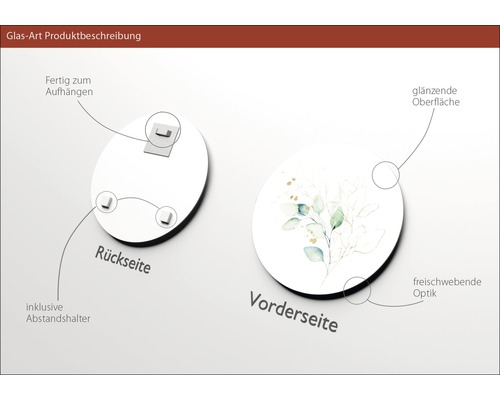 Glasbild: Vorderseite mit Motiv, Rückseite mit Aufhängung und Abstandshalter