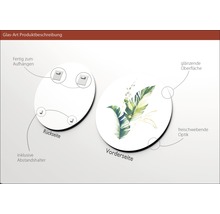 Glasbild Produktbeschreibung mit Aufhängevorrichtung, Abstandshalter, glänzender Oberfläche und schwebender Optik
