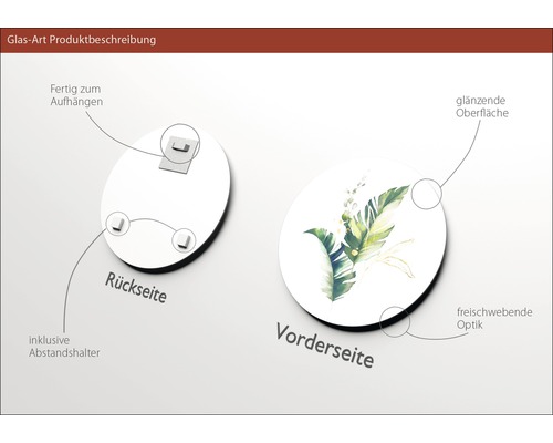 Glasbild mit Aufhängung, Abstandshalter, glänzender Oberfläche und schwebender Optik